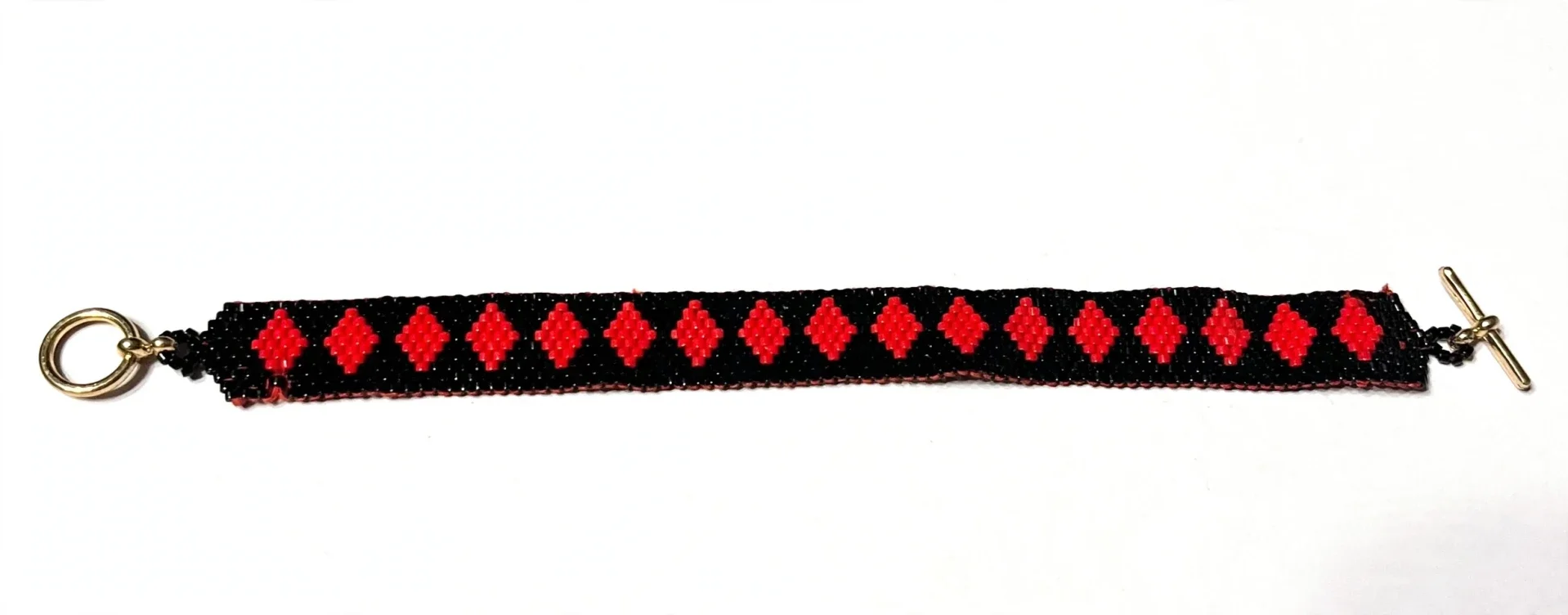 0061- Black & Red Diamond Beaded Loom Bracelet - Handmade Toggle Bracelet