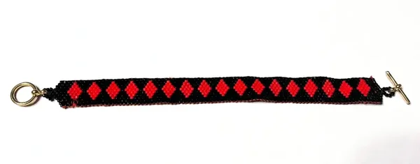 0061- Black & Red Diamond Beaded Loom Bracelet - Handmade Toggle Bracelet