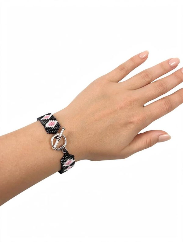 0062-Black Bead Loom Bracelet with Pink Diamond Pattern - Handmade Toggle Bracelet