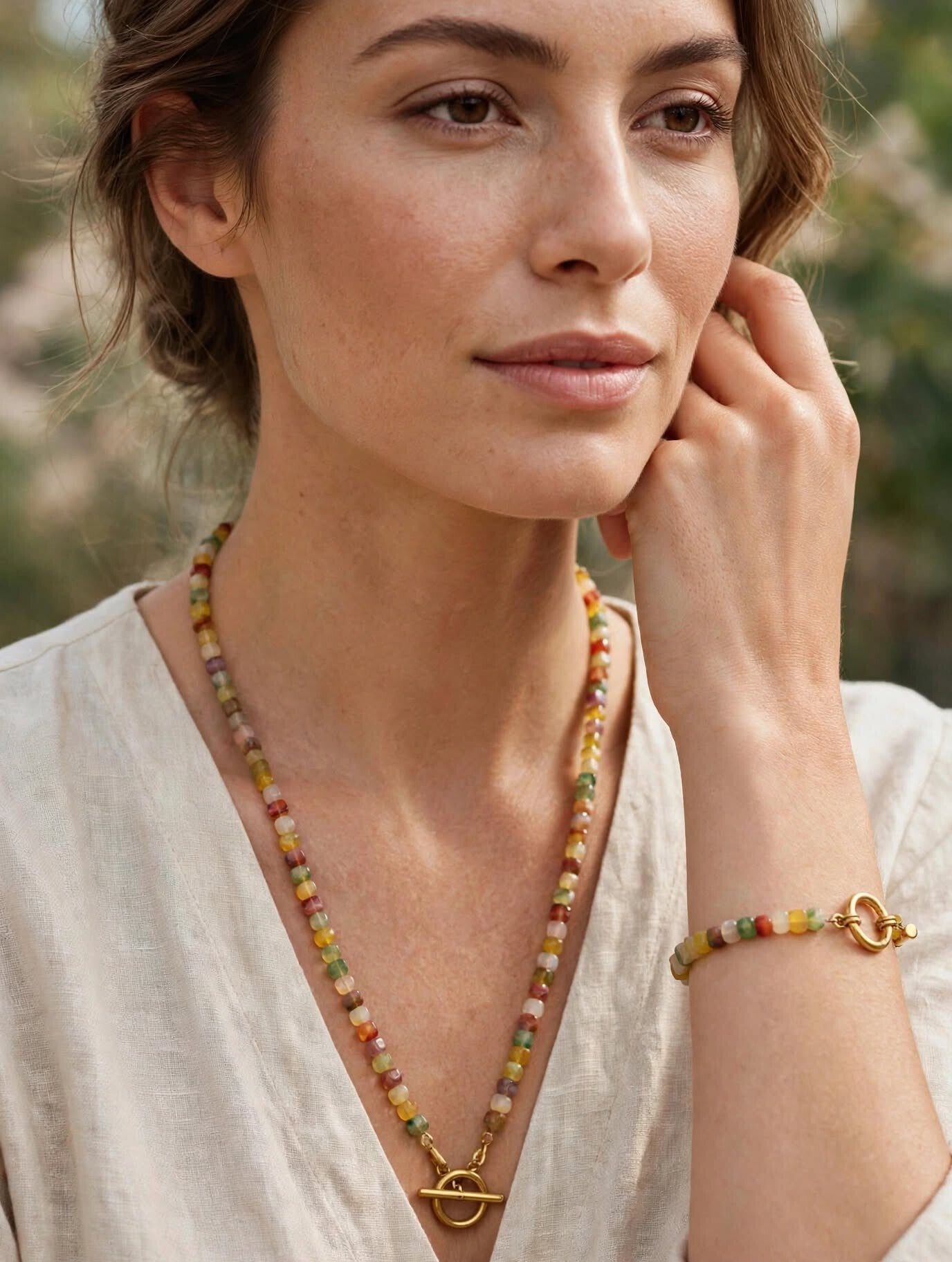 Rainbow Agate Beaded Necklace and Bracelet Set - Toggle Clasp