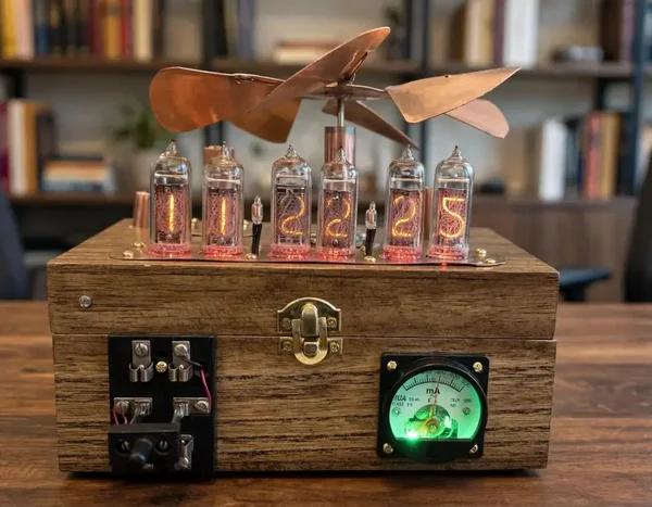 Steampunk IN-14 Nixie Clock - Handmade Copper Whirligig + RGB Meter | Genuine Tubes | USA Made
