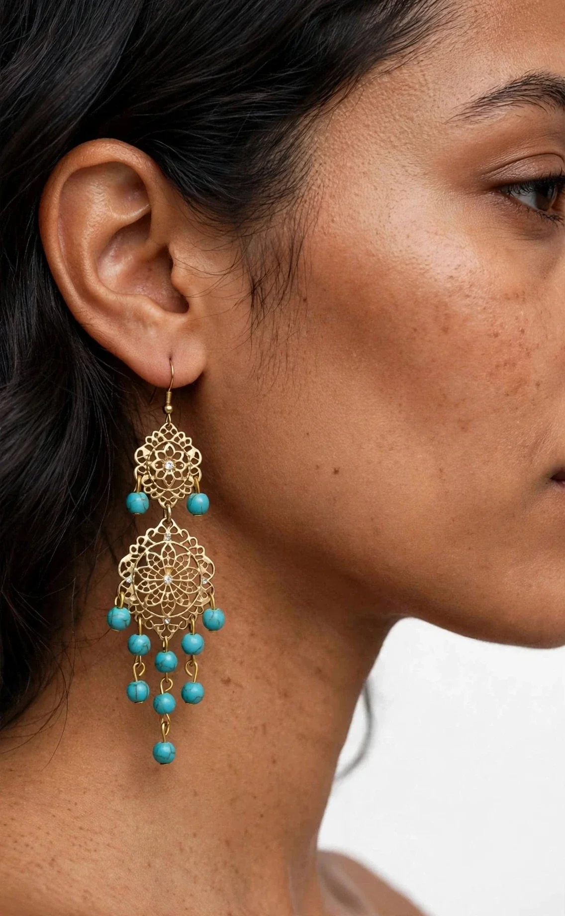 Fancy Gold Turquoise Chandelier Earrings | Vintage Filigree Bohemian Drop Earrings with Crystals