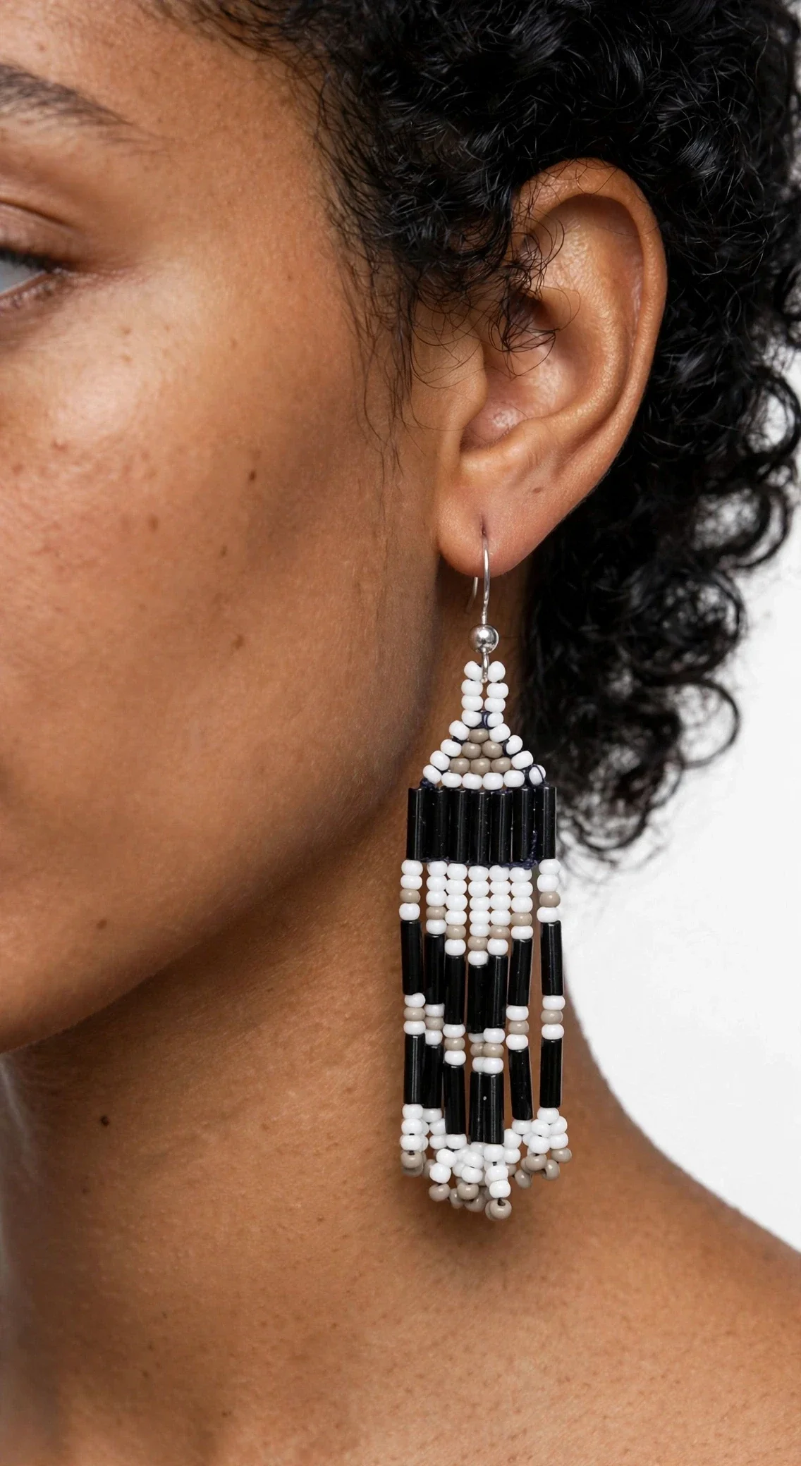 Handmade Black White Bugle Bead Fringe Earrings | Minimalist Statement Earrings