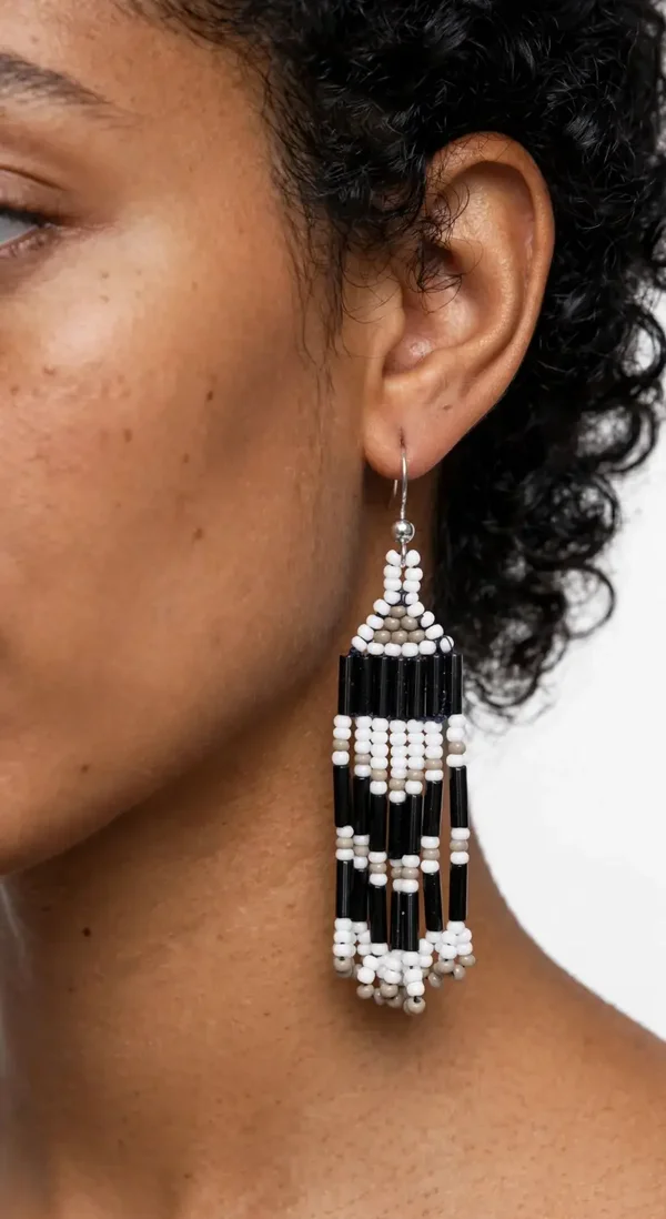 Handmade Black White Bugle Bead Fringe Earrings | Minimalist Statement Earrings