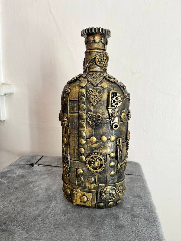 Steampunk Gear Bottle - Industrial Gold Art Bottle - Handmade Upcycled Bottle