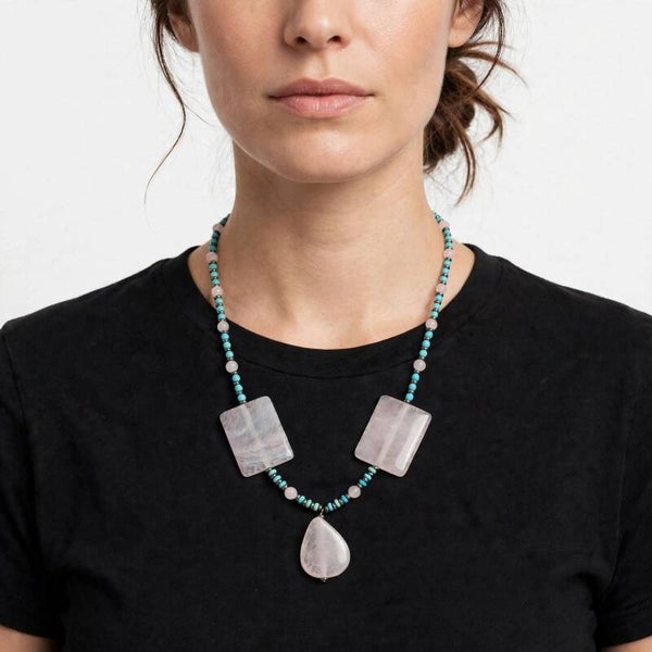 24" Rose Quartz Statement Necklace - Turquoise Beaded Necklace with Rose Quartz Pendant - Boho Gemstone Long Necklace