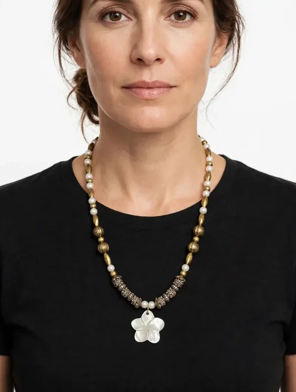 18" Pearl and Antique Brass Necklace - Mother of Pearl Plumeria Flower Pendant - Boho Beach Pearl Necklace