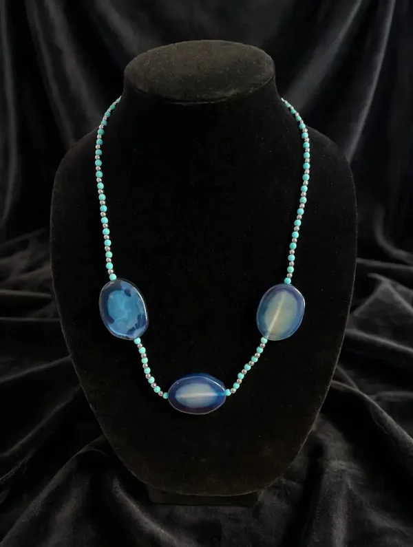 24" Blue Agate Slice Necklace - Turquoise and Silver Beaded Long Necklace - Statement Boho Gemstone Necklace