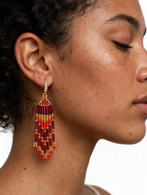 Handmade Red Bugle Bead Fringe Earrings | Gold Statement Chandelier Earrings | Boho Festival Earrings