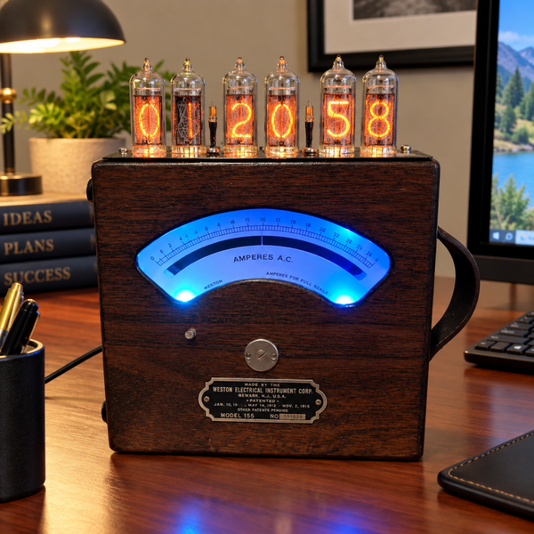 Upcycled Weston Model 155 Nixie Clock - Vintage Wooden Ammeter Case with Illuminated Dial and Leather Handle