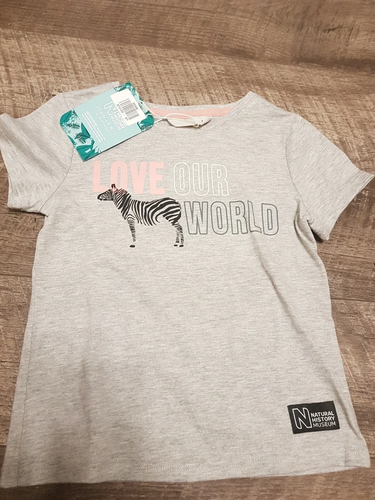 John Lewis & Partners X Natural History Museum Kids' Zebra T-Shirt, Grey