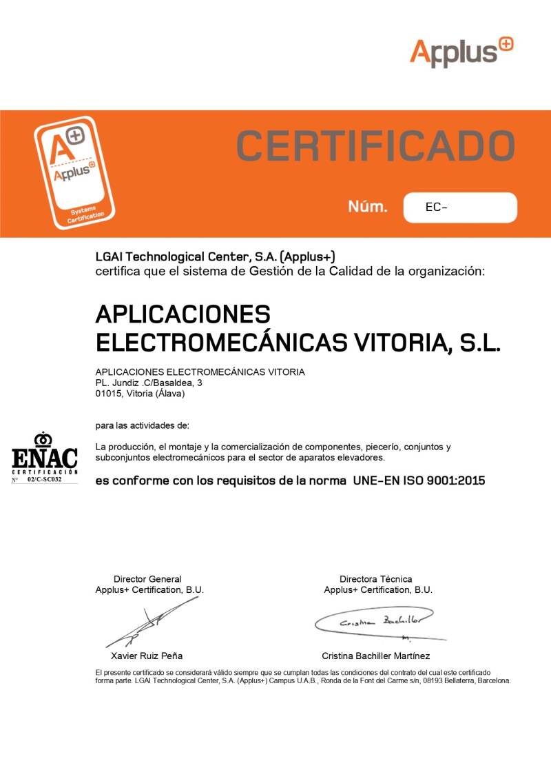 Bienvenidos a APLICACIONES ELECTROMECANICAS VITORIA, S.L. Partes de Ascensores/elevadores: electrofrenos, bobinas, interruptores, limitadores de velocidad, tensalimitadores, repuestos y componentes de elevación. Ensamblaje y soldadura.