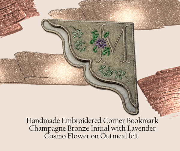 Antique Cosmo Monogrammed Embroidered Corner Bookmark in Champagne Bronze on Oatmeal Felt