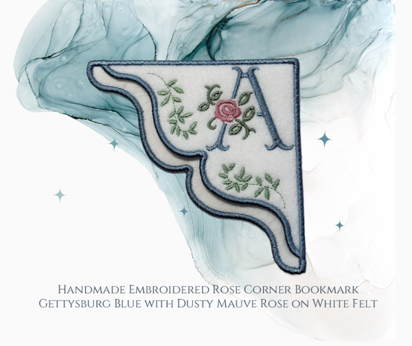 Antique Rose Monogrammed Embroidered Corner Bookmark in Gettysburg Blue on White Felt