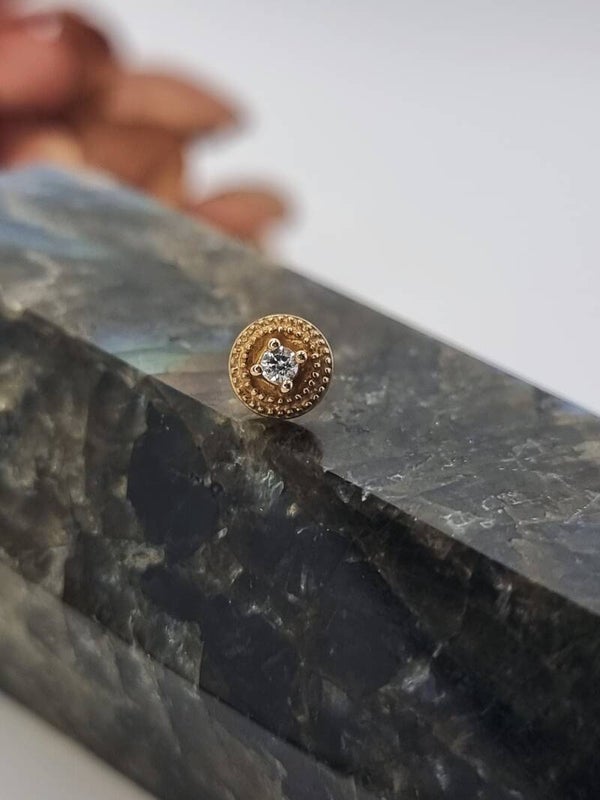 14K Round CZ Double Millgrain