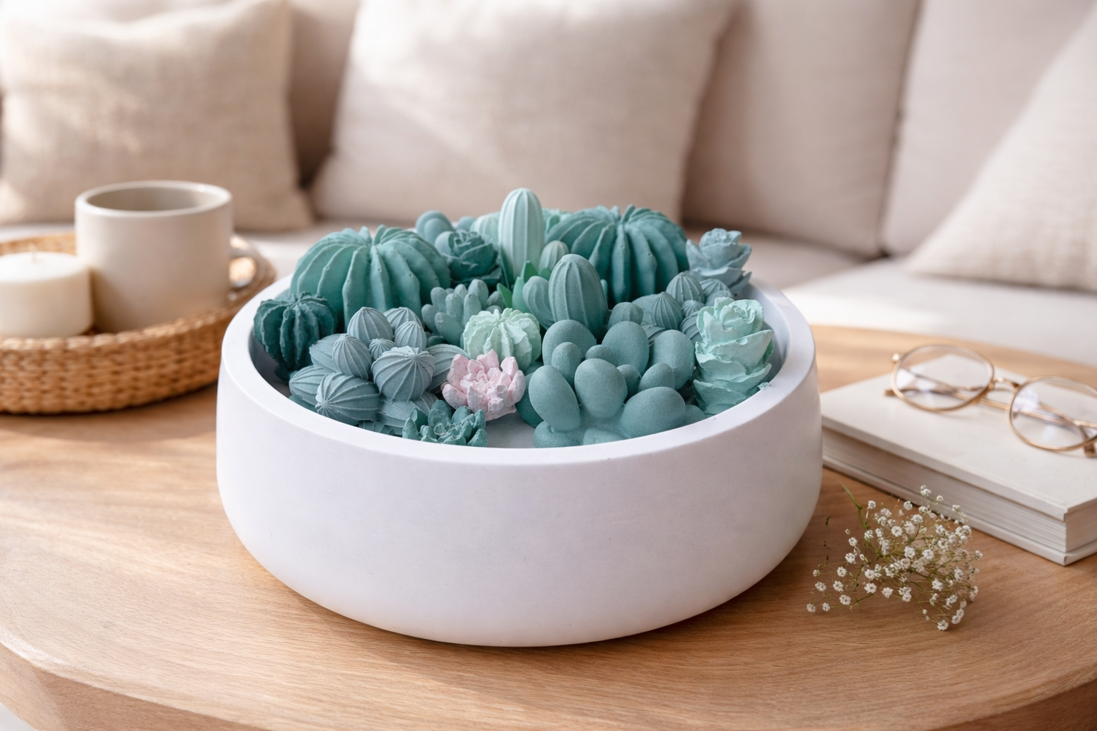 Schaal gevuld met keramieken vetplantjes en cactussen