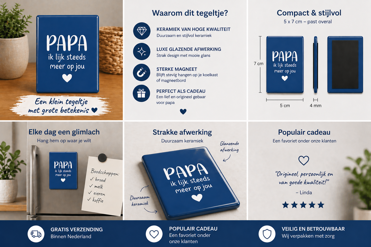 Keramische Koelkastmagneet Papa – Ik lijk steeds meer op jou – Blauw Tegeltje 5x7 cm – Cadeau voor Vaderdag / Papa Cadeau
