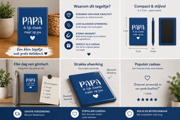 Keramische Koelkastmagneet Papa – Ik lijk steeds meer op jou – Blauw Tegeltje 5x7 cm – Cadeau voor Vaderdag / Papa Cadeau