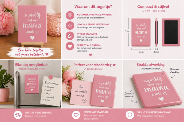 Omdat soms een klein gebaar het meeste betekent. Dit magneetje zegt precies wat je voelt — simpel, stijlvol en recht uit het hart.