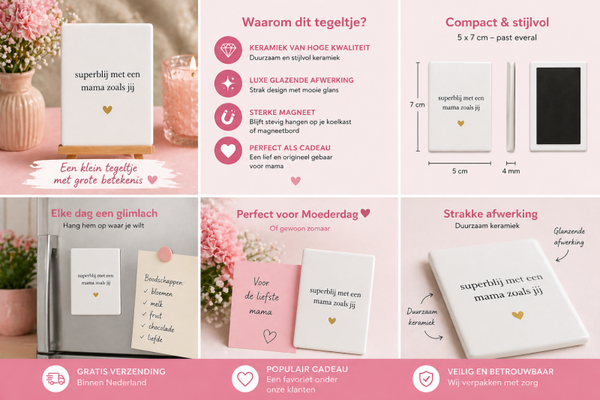 Keramische Koelkastmagneet – Superblij met een mama zoals jij – Wit Tegeltje met Gouden Hartje – Cadeau voor Moederdag / Mama Cadeau