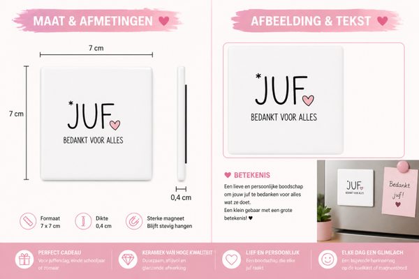 Keramische Koelkastmagneet Juf – Bedankt voor alles – Wit Tegeltje met Hartje 7x7 cm – Cadeau voor Juf / Juffen dag