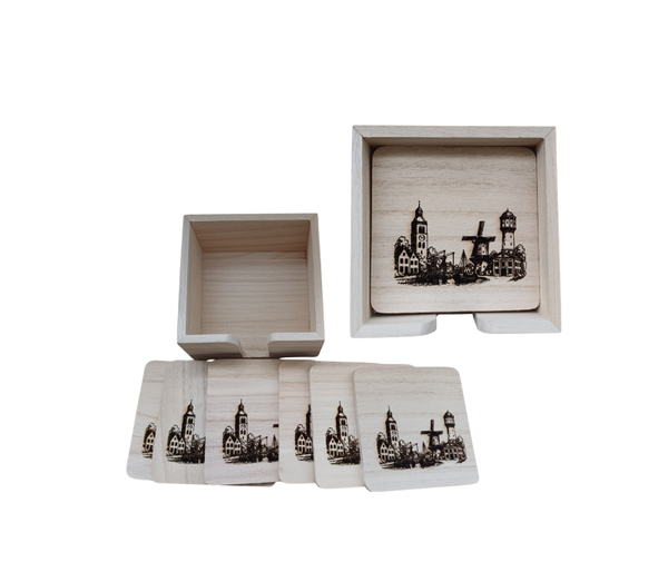 Houten onderzetters met houder skyline Meppel