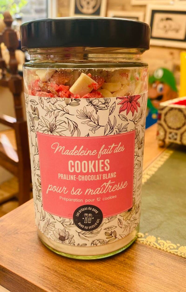 Préparation pour cookies pour sa maitresse praline -chocolat blanc - Le gang des madeleines en Vendée