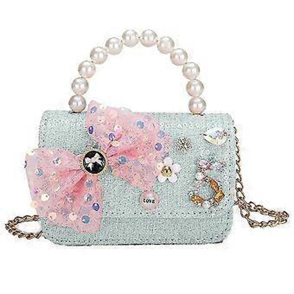 Mädchen Handtasche mit Perlengriff & Schleife – Mint Rosa – 15x10 cm