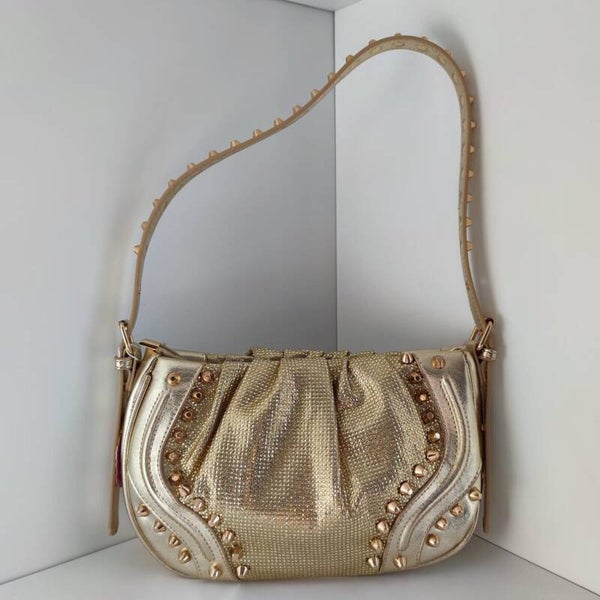 Damen Schultertasche Gold mit Nieten & Glitzersteinen – Glamour Style