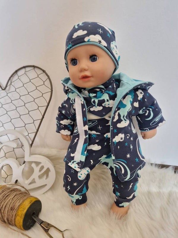 Handgefertigte Puppenkleidung 28–45 cm, Einhorn & Mond, Wende-Jacke, Hose, Shirt, Mütze & Halstuch, Geschenk Geburtstag Weihnachten