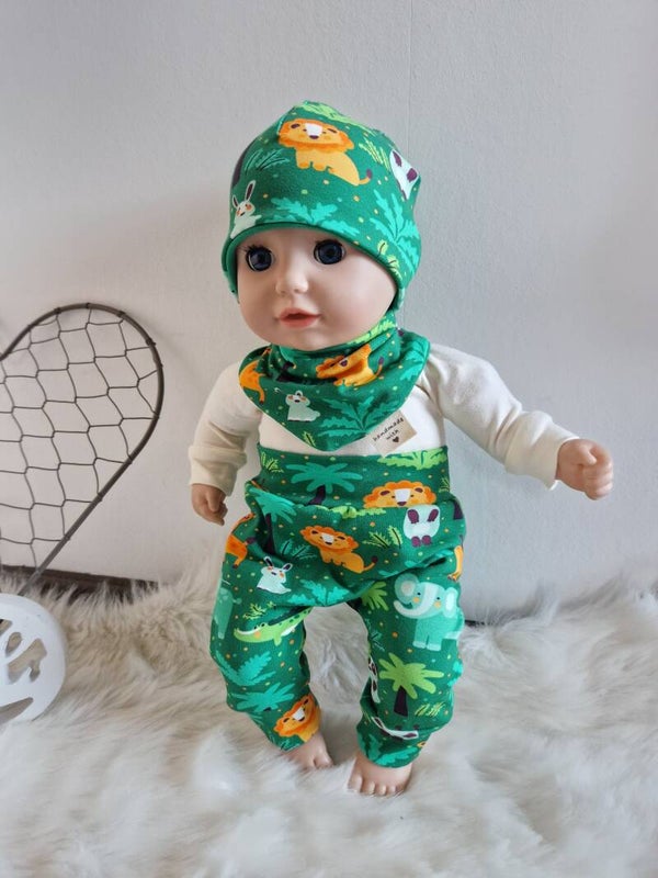 Puppenkleidung Set 36–38 cm, handgefertigt, 4-teilig mit Wendeteilen, Löwe & Krokodil Motiv, Geschenkidee für Puppenmamas
