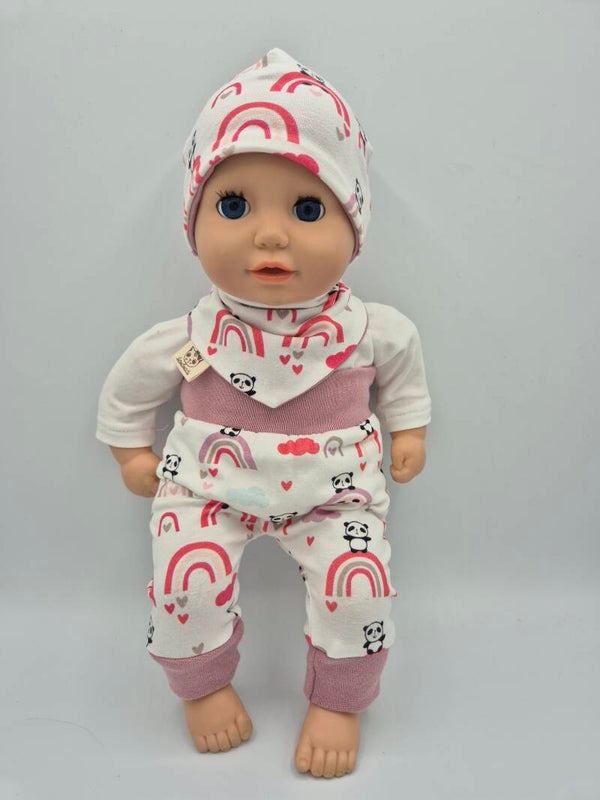 Handgefertigte Puppenkleidung 36–38 cm, 4-teilig, Weiß Regenbogen Panda, wendbare Mütze & Halstuch, Geschenk Geburtstag Weihnachten