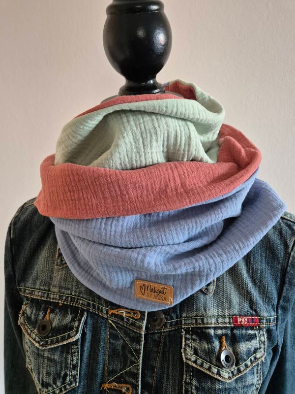 Musselin Loop Damen – Loopschal Schlauchschal in Mintgrün, Blau & Rost | Frühling Sommer Herbst Winter | Geschenkidee zu Weihnachten & Geburtstag