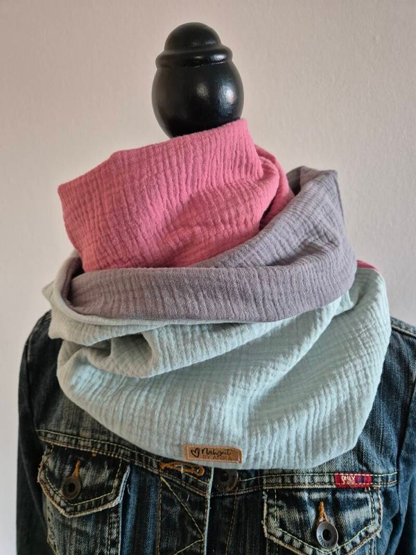 Musselin Loop Damen – Mintgrün, Grau & Altrosa | Schlauchschal für Frühling, Sommer, Herbst & Winter