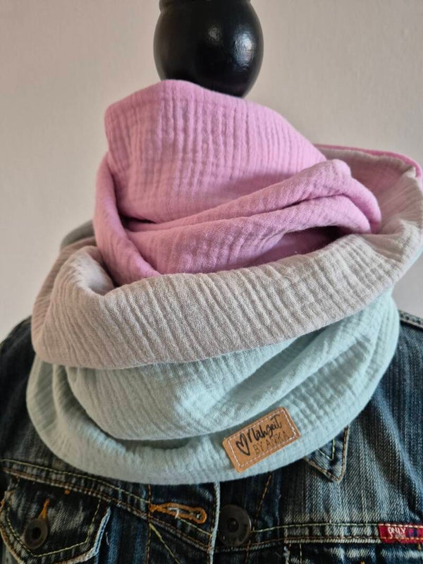 Musselin Loop Damen – Mintgrün, Hellbeige & Rosa | Schlauchschal für Frühling, Sommer, Herbst & Winter