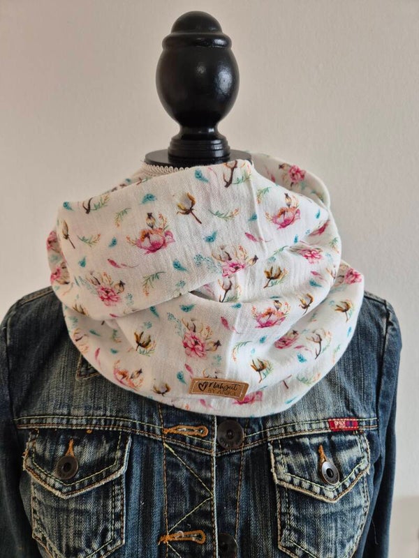 Musselin Loop Damen – Weiß mit Blumen & Baumwollblüten | Schlauchschal für Frühling, Sommer, Herbst & Winter