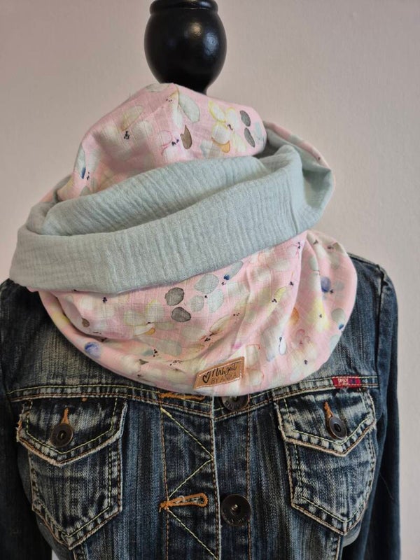 Musselin Loop Damen – Mintgrün & Pastellrosa mit Blüten | Schlauchschal für Frühling, Sommer, Herbst & Winter