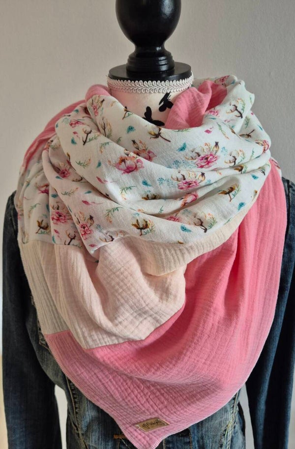 Musselin Halstuch XXL – Blumen, Rosa & Hellrosa, 135 x 135 cm