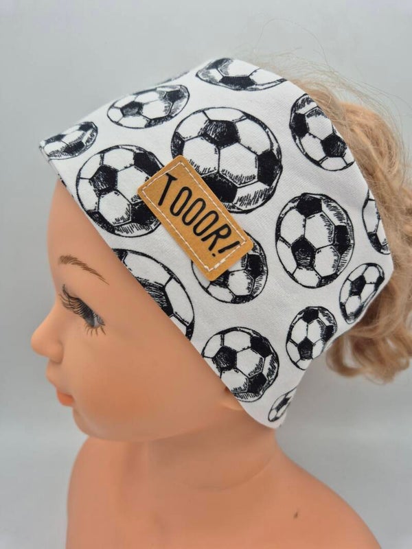 Breites Stirnband Weiß mit Fußballmotiv | Haarband für Jungen & Mädchen – Maßanfertigung nach Kopfumfang