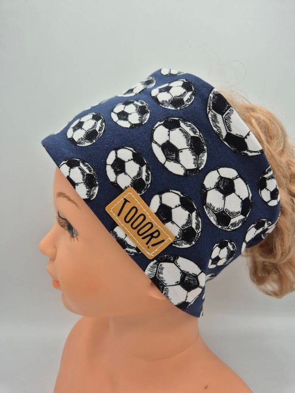 Breites Stirnband Dunkelblau mit Fußball – Haarband für Jungen & Mädchen, handgemacht nach Kopfumfang