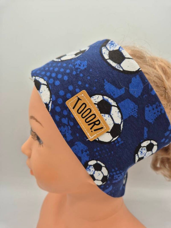 Breites Stirnband Blau mit Fußball – Haarband für Jungen & Mädchen, handgefertigt nach Kopfumfang