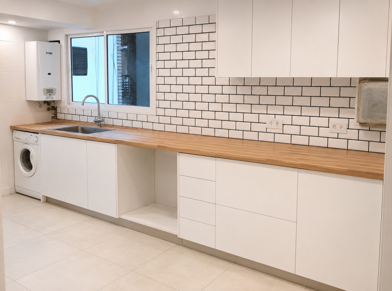 Mueble de cocina a medida en melamina blanca y encimera de madera