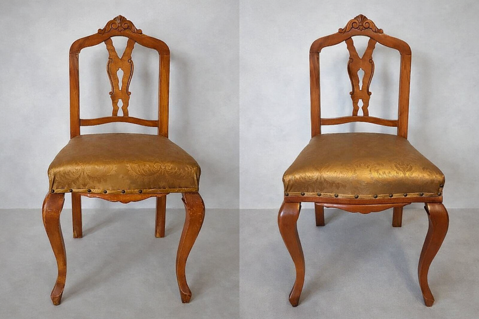 Antes y despues de silla antigua - restauración de partes de la madera, del barniz y tapicería, conservando la misma tela