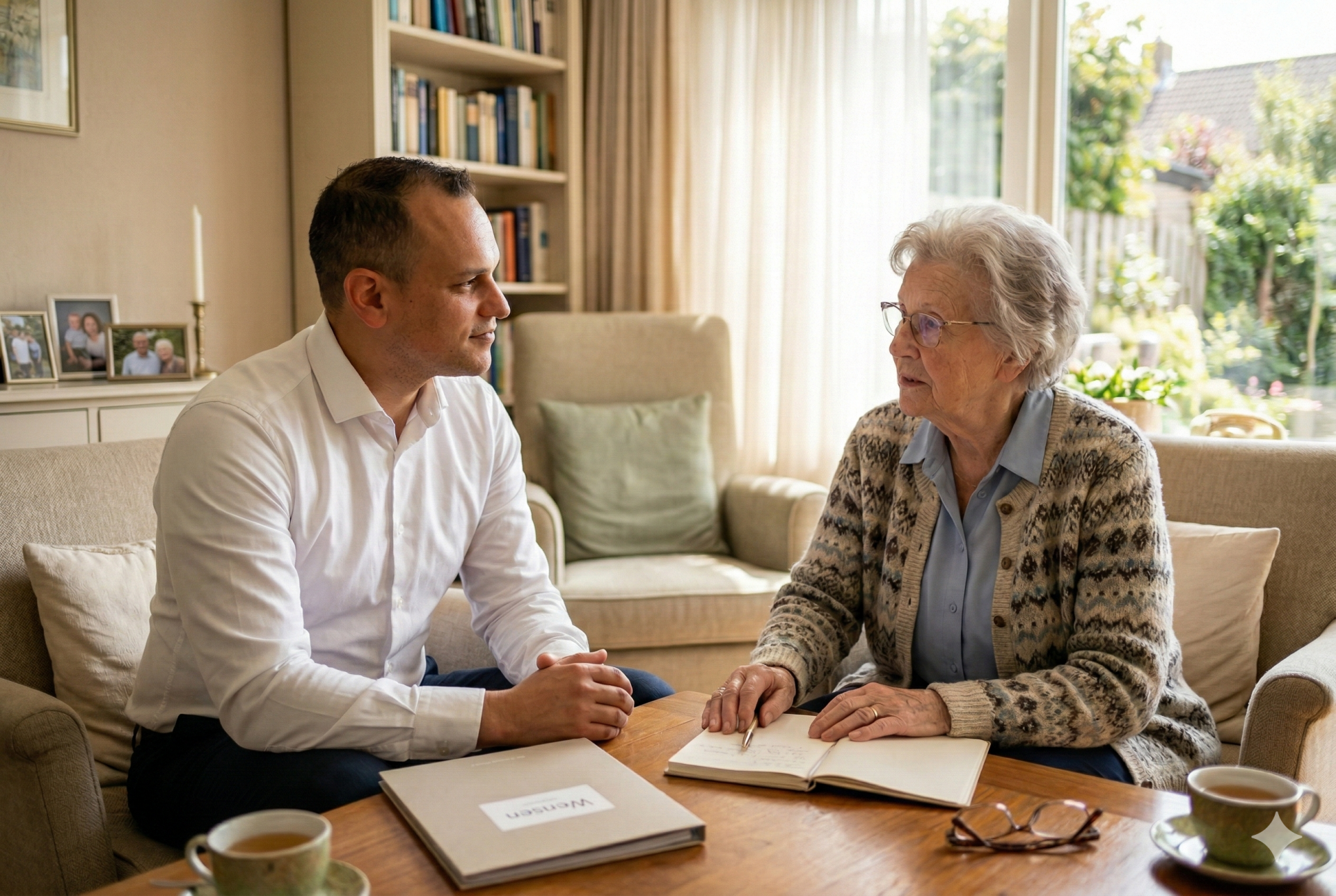 Een uitvaartverzorger in gesprek met een oudere dame aan tafel in een sfeervolle woonkamer, met papieren voor zich.