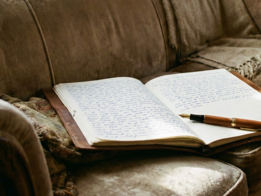 Laatste wensen opschrijven, Een schrift op de bank, opengeslagen schift volgeschreven.