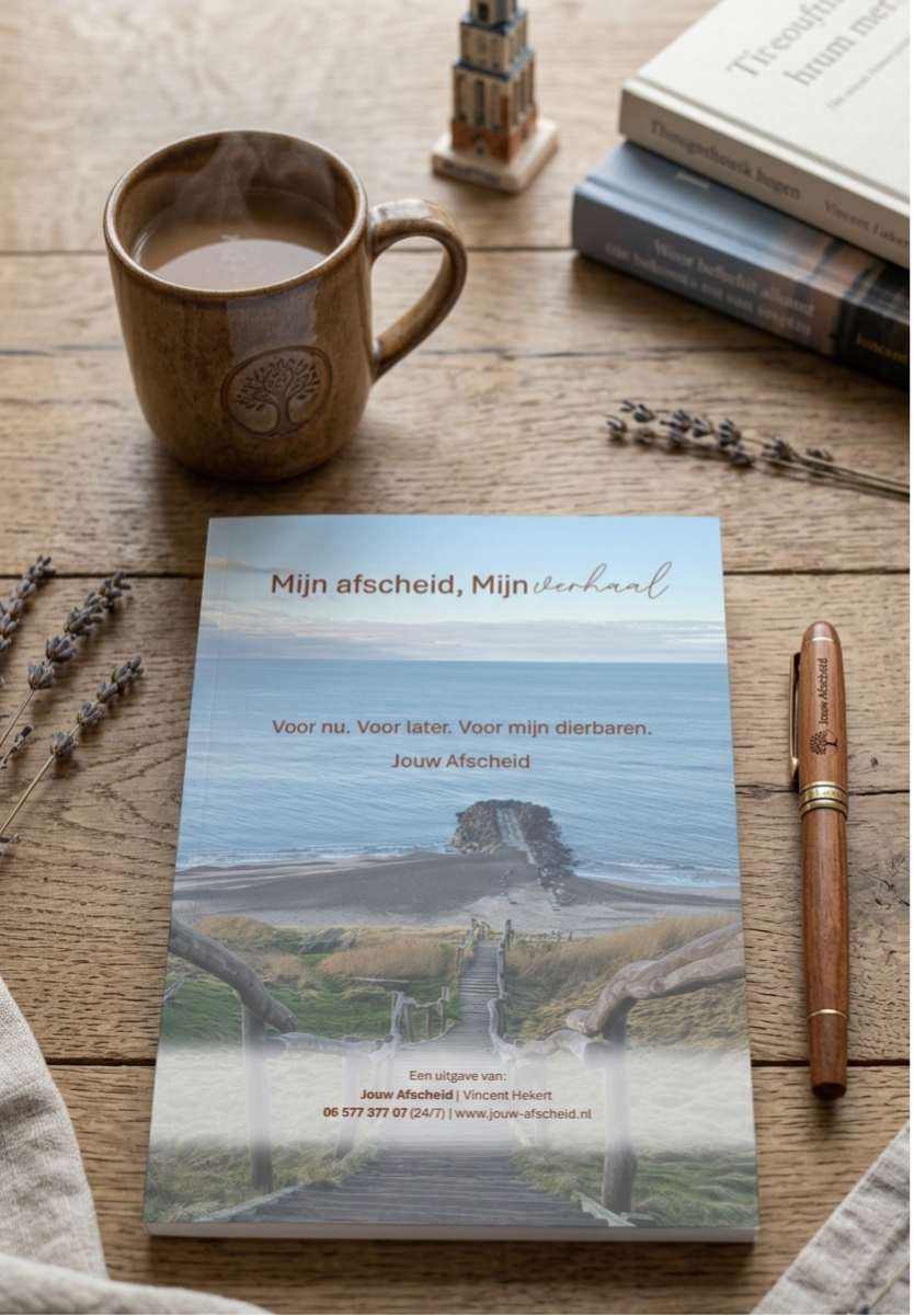 Het gratis wensenboekje 'Mijn afscheid, Mijn verhaal' van Jouw Afscheid op een houten tafel met een kop koffie en een gegraveerde pen.