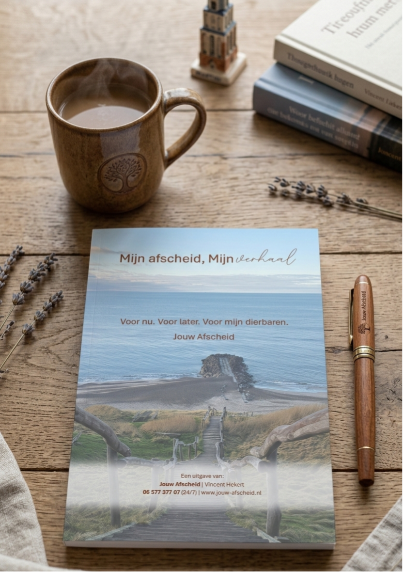 Een boekje op een houten tafel met de titel "Mijn afscheid, Mijn verhaal", omringd door gedroogde lavendel en een houten pen.