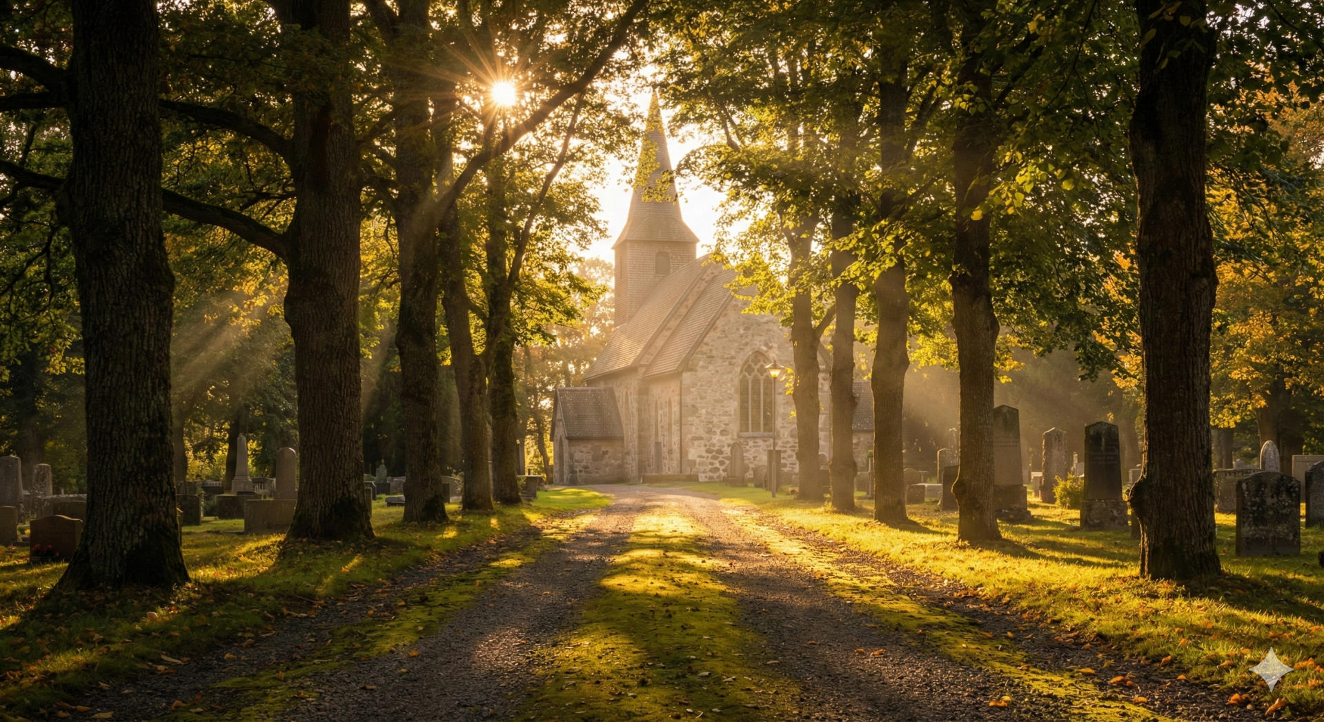 Een sfeervolle foto van een oude stenen kerk met een begraafplaats, omringd door grote bomen waar het zonlicht in stralen door het bladerdek heen schijnt.