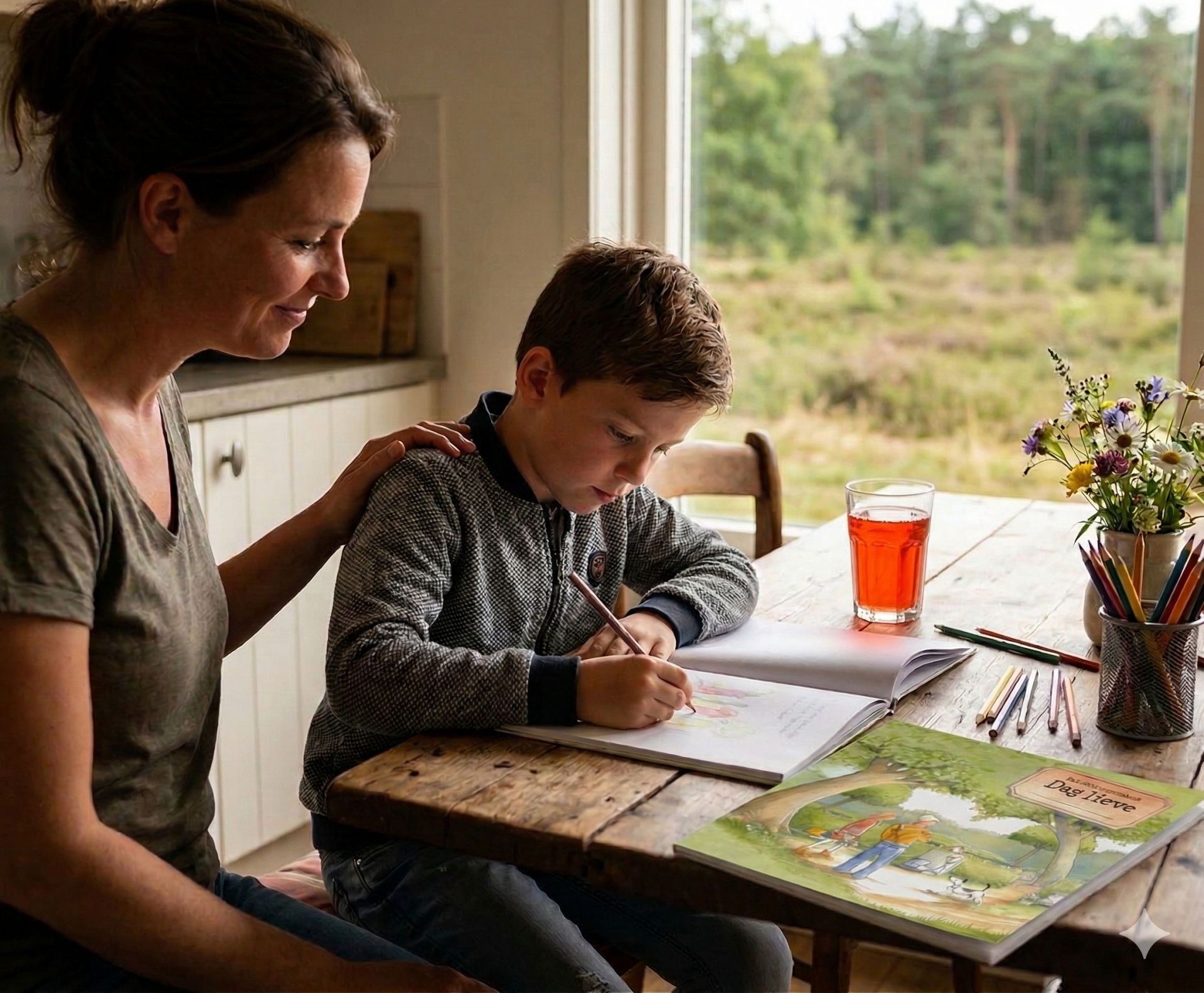 Een jongen tekent aan een houten keukentafel in het herinneringsboekje 'Dag lieve', terwijl een vrouw hem troostend steunt. Advies van Jouw Afscheid over kinderen betrekken bij een uitvaart.