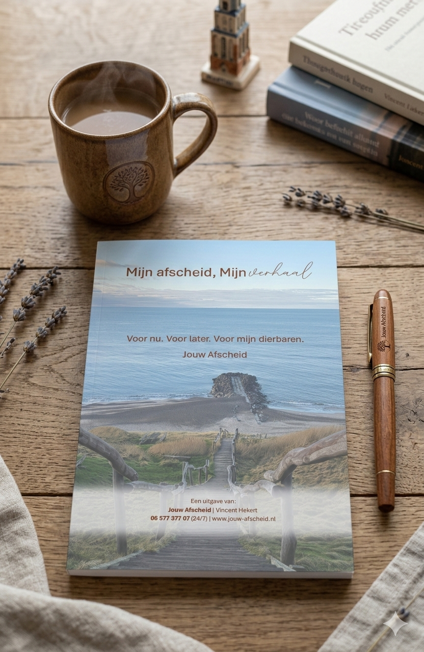 Laatste wensenboekje, op tafel met een kopje koffie er bij en een pen. Martinitoren staat op tafel als miniatuur. 